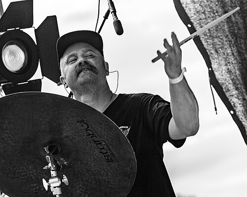 Martin Horntveth on stage with Jaga Jazzist in 2021