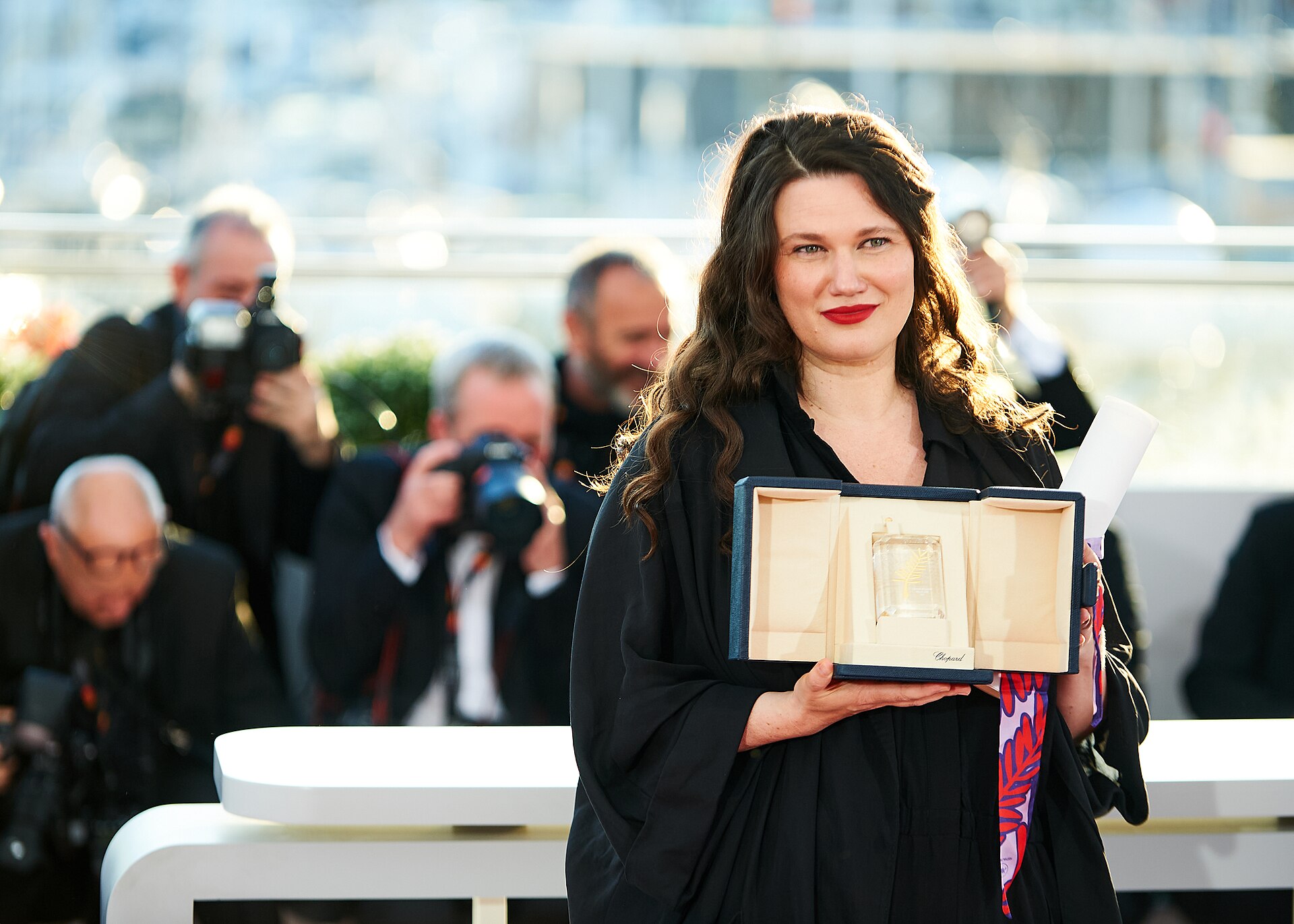 Mascha Schilinski stands with the Jury Prize for "Sound of Falling" during the 2025 Cannes Film Festival