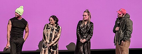 Mason Gooding, Chase Sui Wonders, Olivia Wilde and Cooper Hoffman at the I Want Your Sex premiere during the 2026 Sundance Film Festival