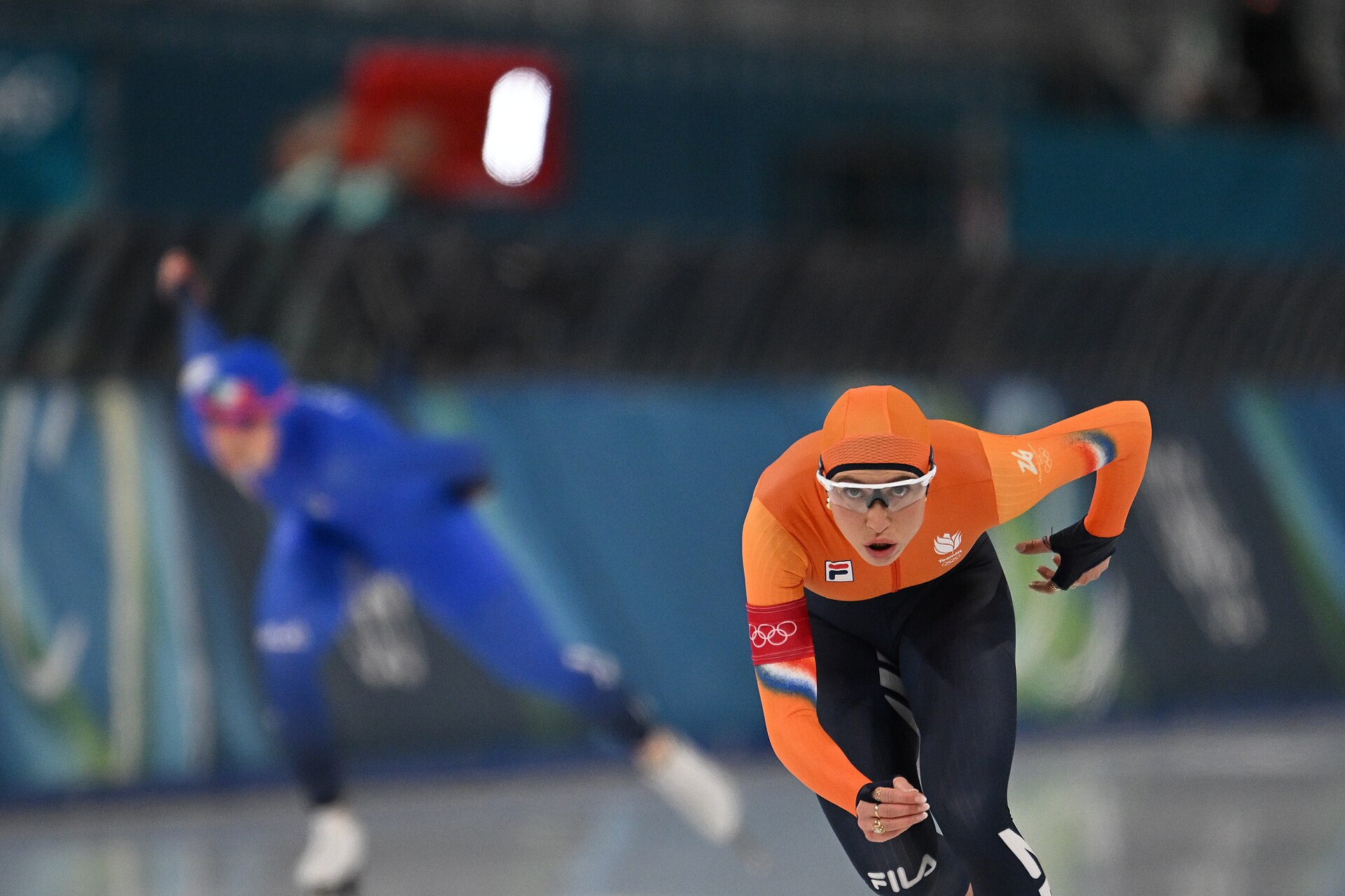 MILAN, ITALY - 09 FEBRUARY 2026: Maybritt Vigl of team Italy and Suzanne Schulting of team Netherlands compete during the Speed Skating Women's 1000m at the Olympic Winter Games Milano Cortina 2026  Milano Ice Skating Arena on February 09, 2026 in Milan, Italy