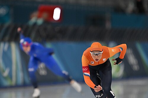 MILAN, ITALY - 09 FEBRUARY 2026: Maybritt Vigl of team Italy and Suzanne Schulting of team Netherlands compete during the Speed Skating Women's 1000m at the Olympic Winter Games Milano Cortina 2026  Milano Ice Skating Arena on February 09, 2026 in Milan, Italy