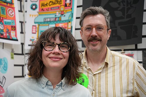 Melissa & JW Buchanan (l-r), The Little Friends of Printmaking, Flatstock exhibit at SXSW 2025 in Austin, Texas in March 2025.