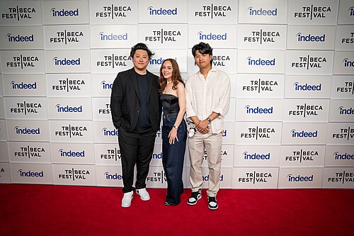 Michael Ren, Anastasia Itkina, and Kevin Jin Kwan Kim, , at a 2025 Tribeca Film Festival red carpet in New York City for the film My Dad, the Rockstar.