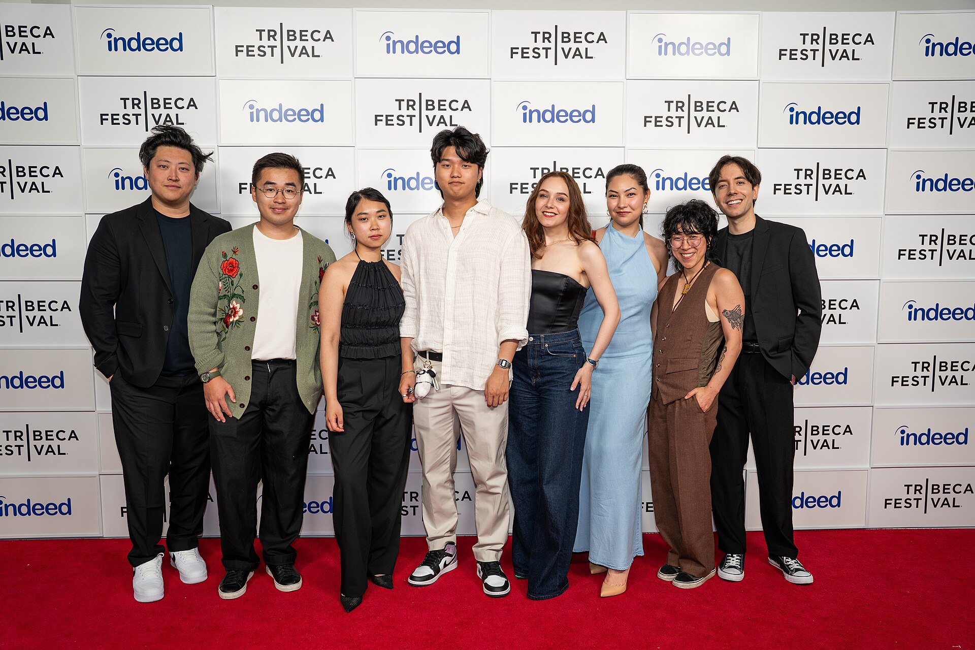 Michael Ren, Austin Kwok, Valeriya Khan, Kevin Jin Kwan Kim, Anastasia Itkina, Ayana Madi, Rachel Kwan, and Aldo Melendrez, , at a 2025 Tribeca Film Festival red carpet in New York City for the film My Dad, the Rockstar.
