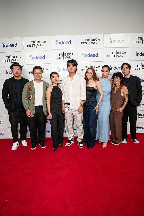 Michael Ren, Austin Kwok, Valeriya Khan, Kevin Jin Kwan Kim, Anastasia Itkina, Ayana Madi, Rachel Kwan, and Aldo Melendrez, , at a 2025 Tribeca Film Festival red carpet in New York City for the film My Dad, the Rockstar.