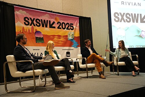 Michael Samulon, Sara Teige Kalsas, Cameron Freburg, Elaine Buckberg (l-r) at SXSW 2025, in Austin, Texas. Panel: How to Build Out a City EV Charging Network