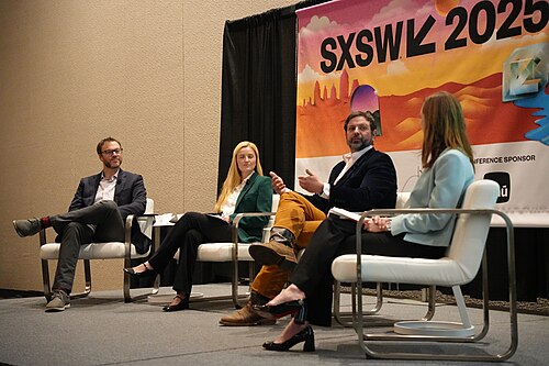 Michael Samulon, Sara Teige Kalsas, Cameron Freburg, Elaine Buckberg (l-r) at SXSW 2025, in Austin, Texas. Panel: How to Build Out a City EV Charging Network