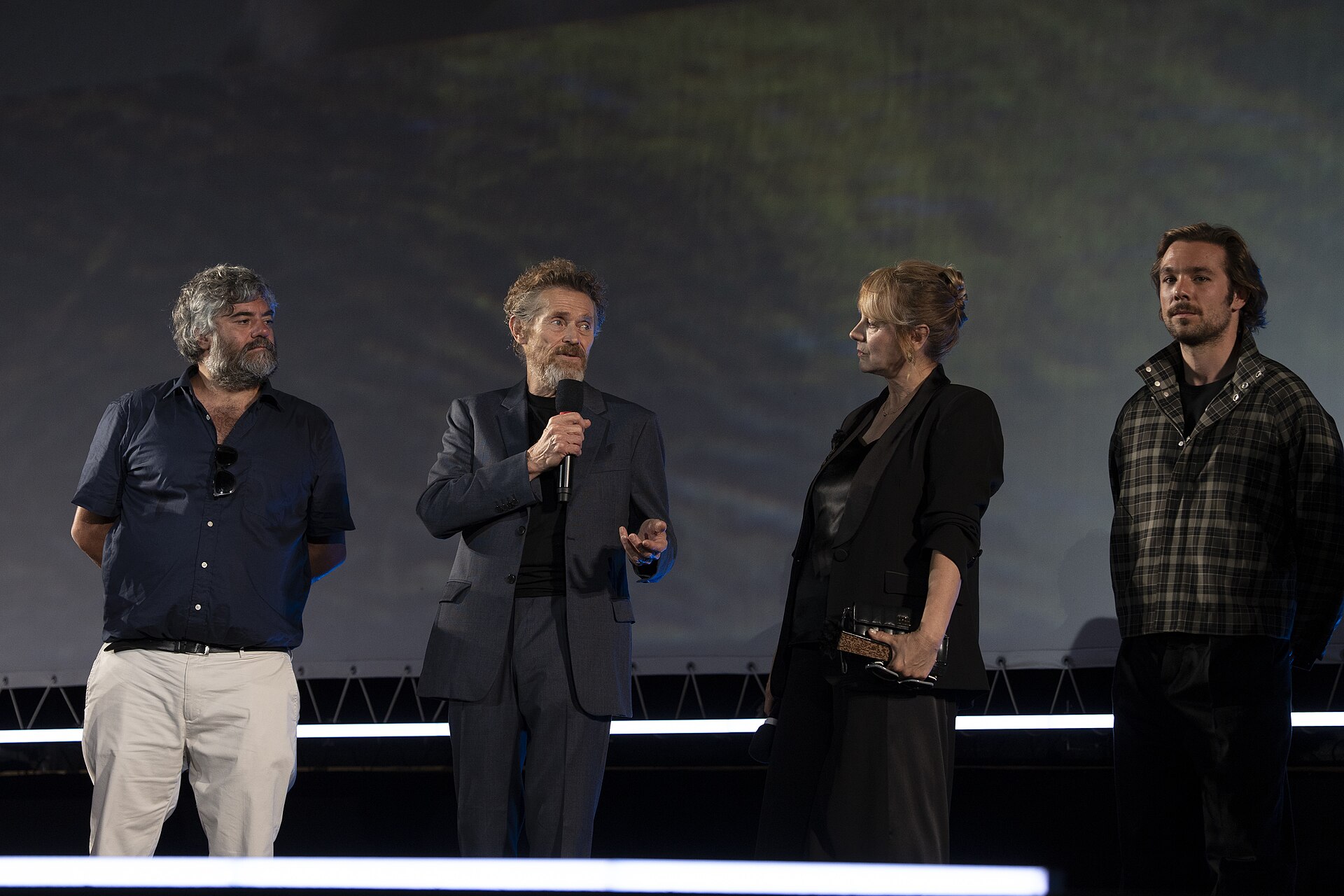 Director Miguel Ángel Jiménez, actor Willem Dafoe, actress Emma Suárez and actor Carlos Cuevas onstage at 78th Locarno Film Festival for The Birthday Party
