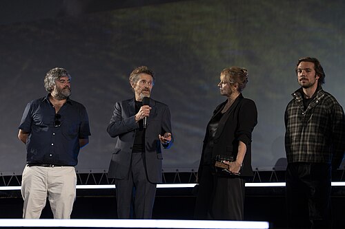 Director Miguel Ángel Jiménez, actor Willem Dafoe, actress Emma Suárez and actor Carlos Cuevas onstage at 78th Locarno Film Festival for The Birthday Party