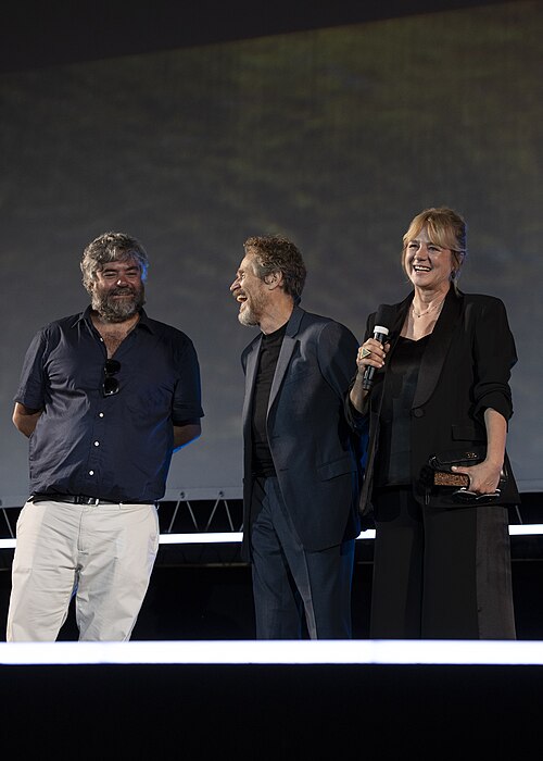 Director Miguel Ángel Jiménez, actor Willem Dafoe and actress Emma Suárez onstage at 78th Locarno Film Festival for The Birthday Party