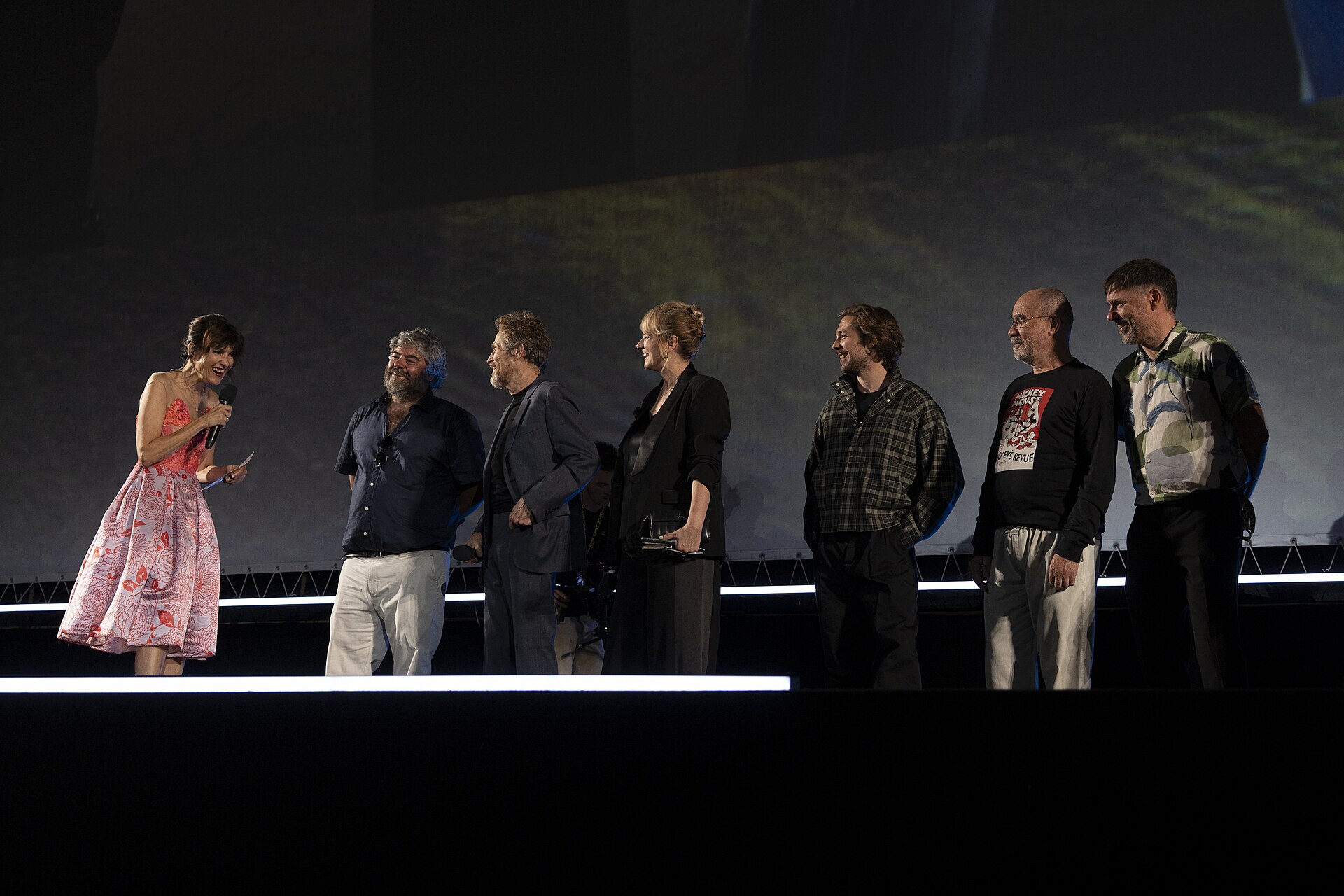 Director Miguel Ángel Jiménez, actor Willem Dafoe and actress Emma Suárez onstage at 78th Locarno Film Festival for The Birthday Party