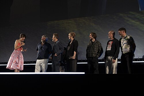 Director Miguel Ángel Jiménez, actor Willem Dafoe and actress Emma Suárez onstage at 78th Locarno Film Festival for The Birthday Party
