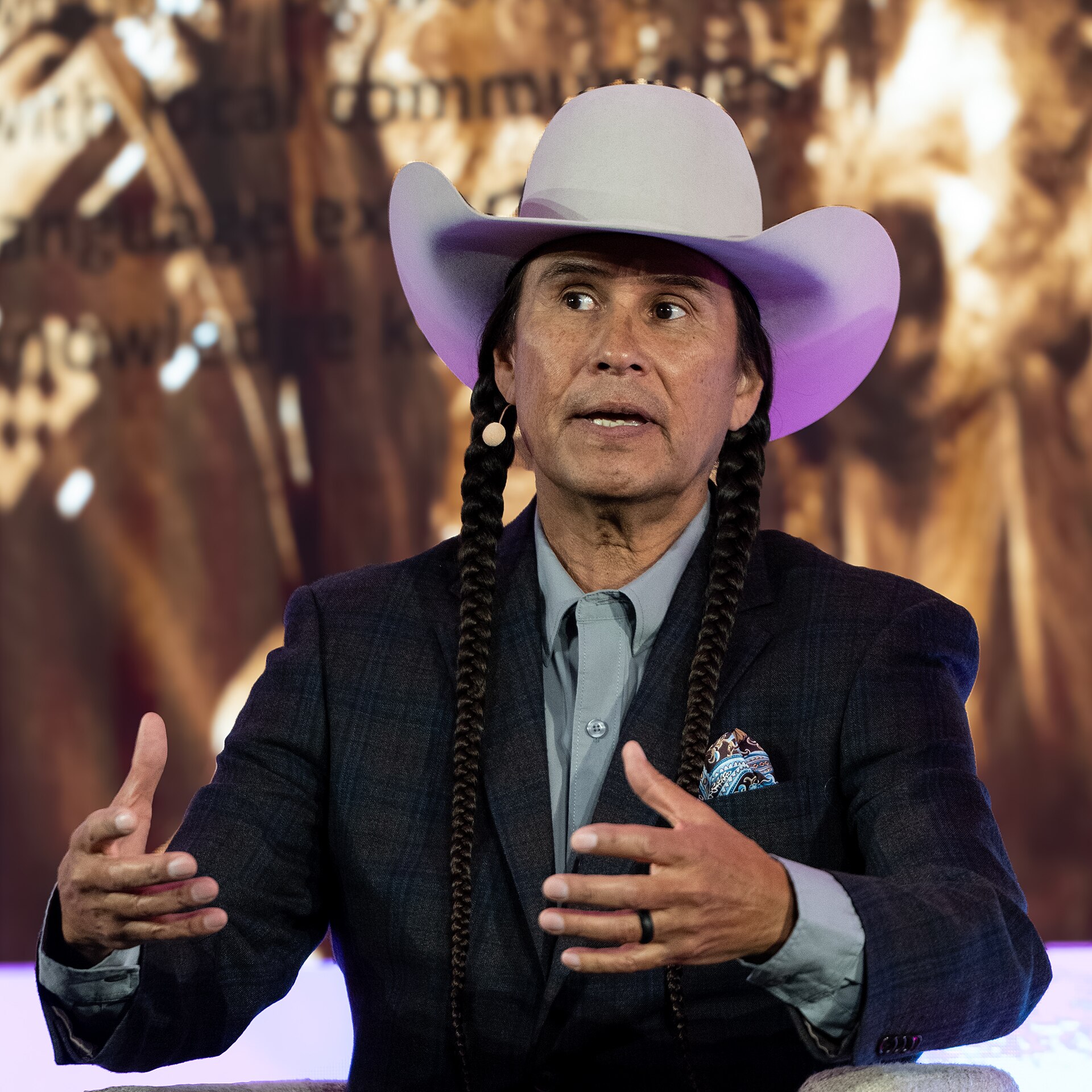 Mo Brings Plenty, Lakota actor, cultural advisor and advocate for environmental and social justice, at the 2025 SXSW London festival in London, England.