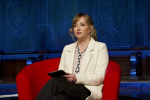 Natalie Sedletska, editor-in-chief of “Schemes,” at the International Journalism Festival 2024 in Perugia, Italy speaking on a panel called Is truth the first casualty of war? How we stand for journalistic freedoms in Ukraine