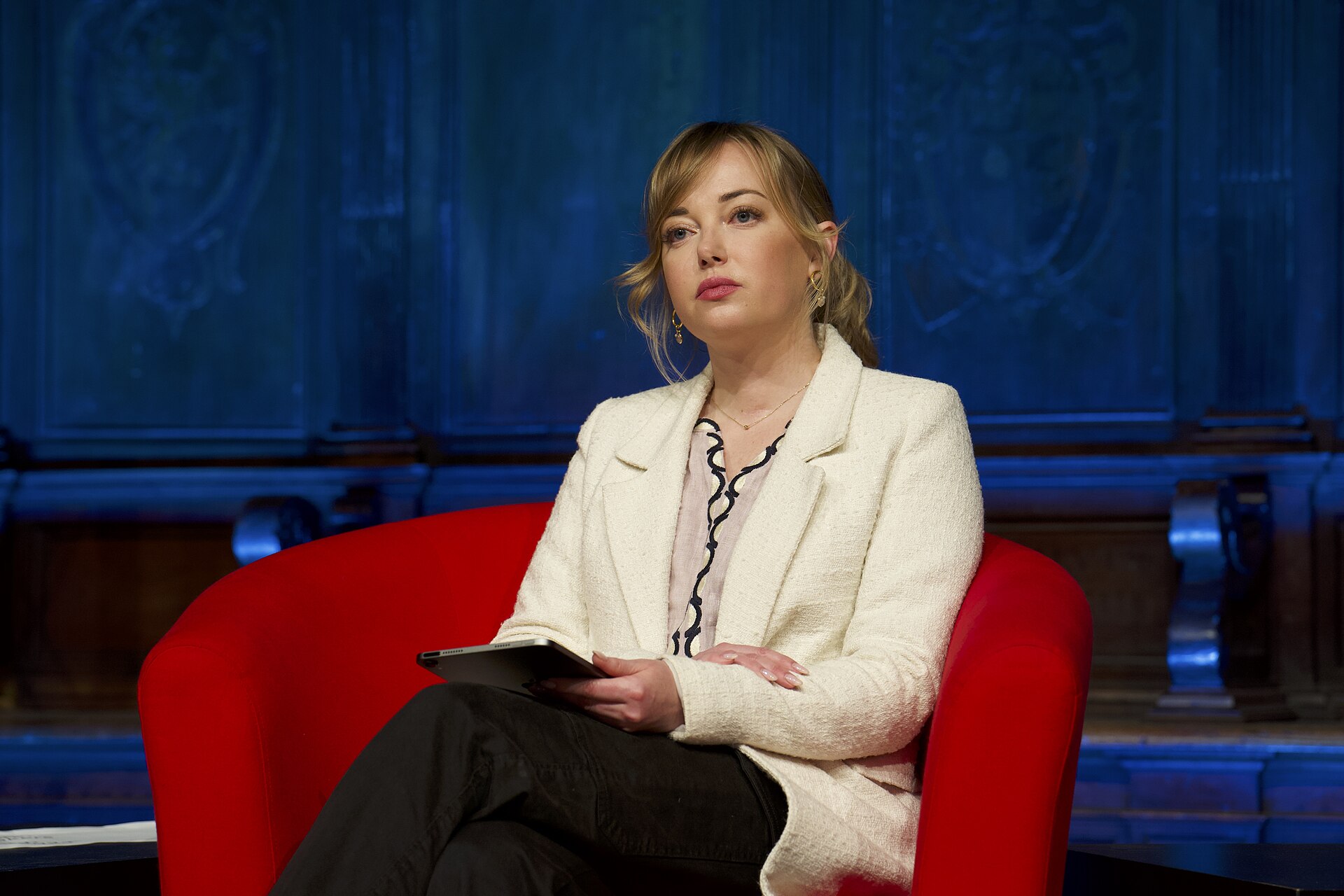 Natalie Sedletska, editor-in-chief of “Schemes,” at the International Journalism Festival 2024 in Perugia, Italy speaking on a panel called Is truth the first casualty of war? How we stand for journalistic freedoms in Ukraine