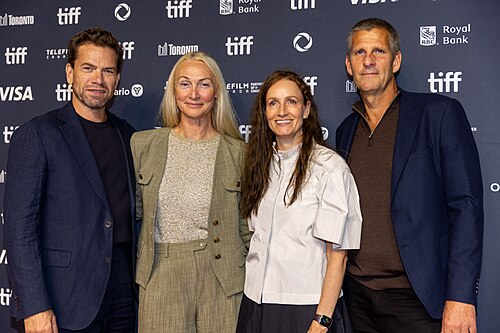 Nikolaj Lie Kaas, Sisse Graum Jørgensen, Sidsel Hybschmann, and Anders Thomas Jensen, actor, producers, and director, respectively, at the 2025 Toronto International Film Festival (TIFF) for the movie The Last Viking.