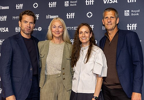 Nikolaj Lie Kaas, Sisse Graum Jørgensen, Sidsel Hybschmann, and Anders Thomas Jensen, actor, producers, and director, respectively, at the 2025 Toronto International Film Festival (TIFF) for the movie The Last Viking.