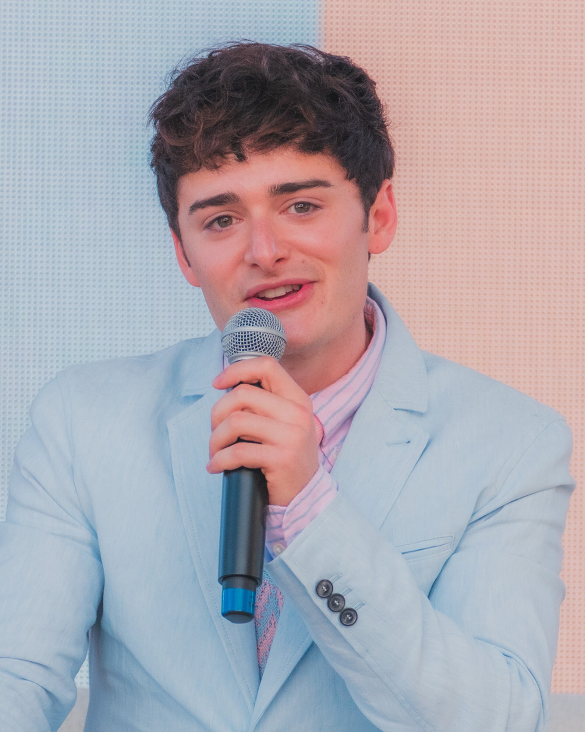 Noah Schnapp speaking at an event in Fashion Island, Newport Beach, California