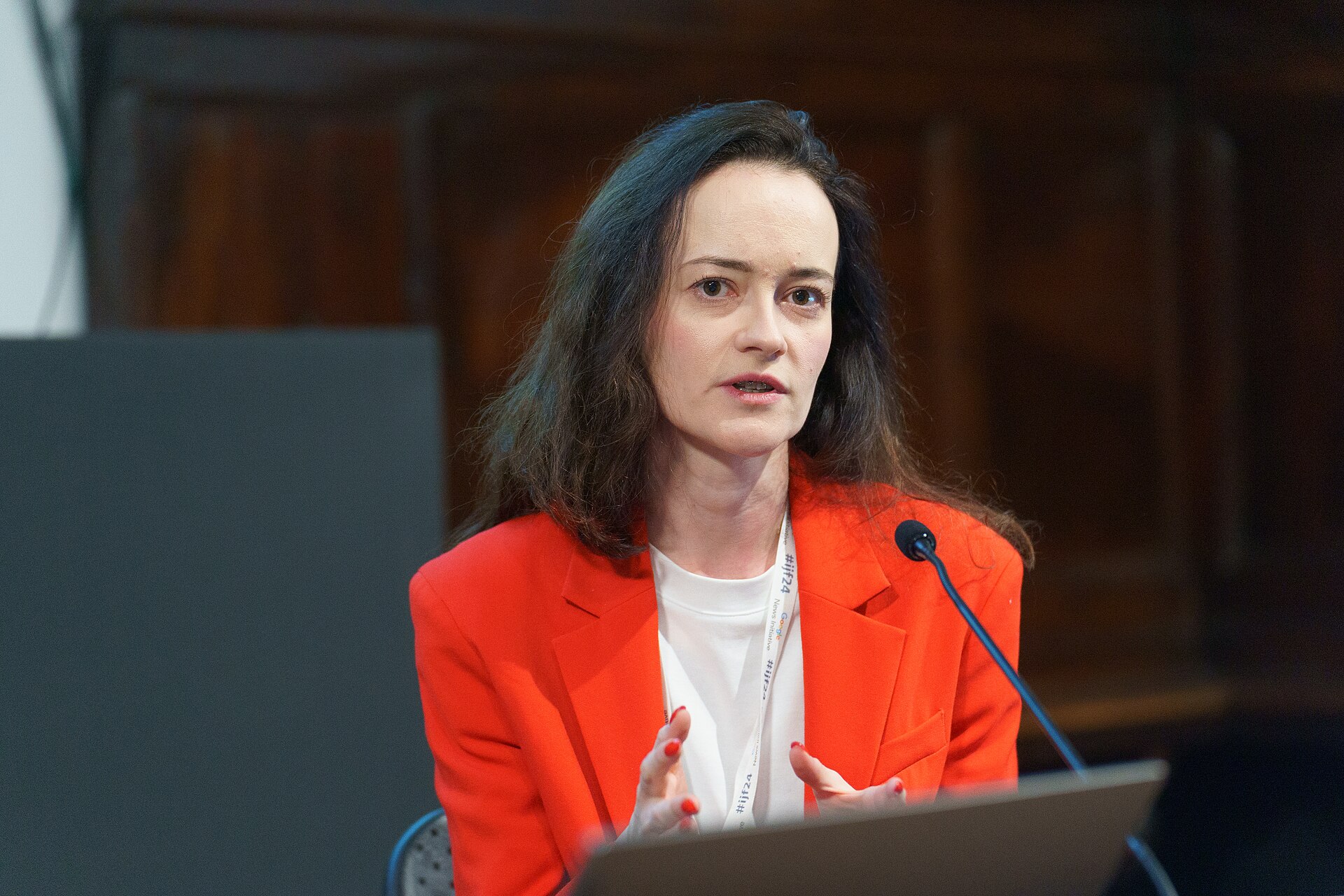 Olga Rudenko, editor-in-chief of The Kyiv Independent, speaking at the International Journalism Festival 2024 in Perugia, Italy on a panel called Accountability in real time: how we built a war crimes investigations unit.