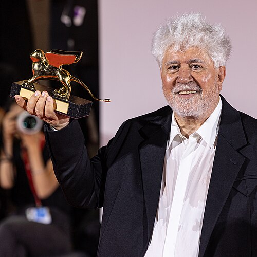 Pedro Almodóvar with his Golden Lion at the 81st Venice International Film Festival 2024