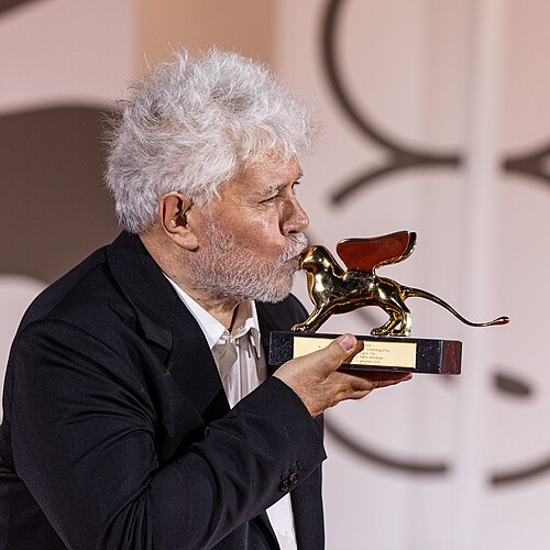 Pedro Almodóvar with his Golden Lion at the 81st Venice International Film Festival 2024