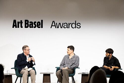 Philip Tinari, Simone Farresin, Andrea Trimarchi at the Art Basel international art fair in Basel, Switzerland in June 2025.