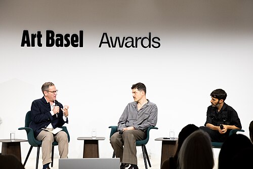 Philip Tinari, Simone Farresin, Andrea Trimarchi at the Art Basel international art fair in Basel, Switzerland in June 2025.