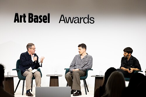 Philip Tinari, Simone Farresin, Andrea Trimarchi at the Art Basel international art fair in Basel, Switzerland in June 2025.