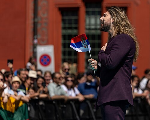 Princ, representing Serbia, on the Turquoise Carpet at Eurovision 2025 in Basel, Switzerland.