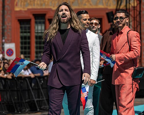 Princ, representing Serbia, on the Turquoise Carpet at Eurovision 2025 in Basel, Switzerland.