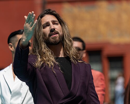 Princ, representing Serbia, on the Turquoise Carpet at Eurovision 2025 in Basel, Switzerland.