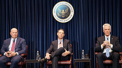 Matthew Whitaker, Joseph Popolo, Nicholas Merrick at Reagan Foundation event "A Conversation with Ambassador Matthew Whitaker"
