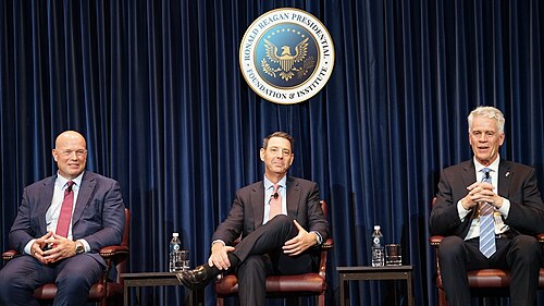 Matthew Whitaker, Joseph Popolo, Nicholas Merrick at Reagan Foundation event "A Conversation with Ambassador Matthew Whitaker"