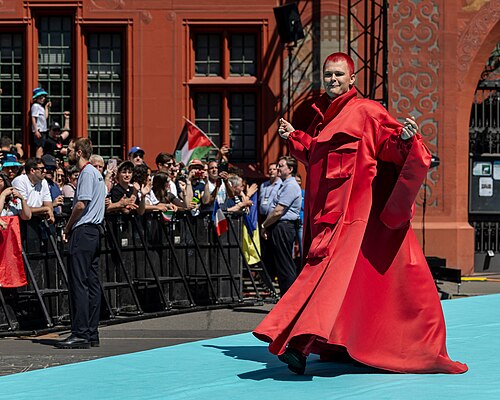 Red Sebastian, representing Belgium, on the Turquoise Carpet at Eurovision 2025 in Basel, Switzerland.