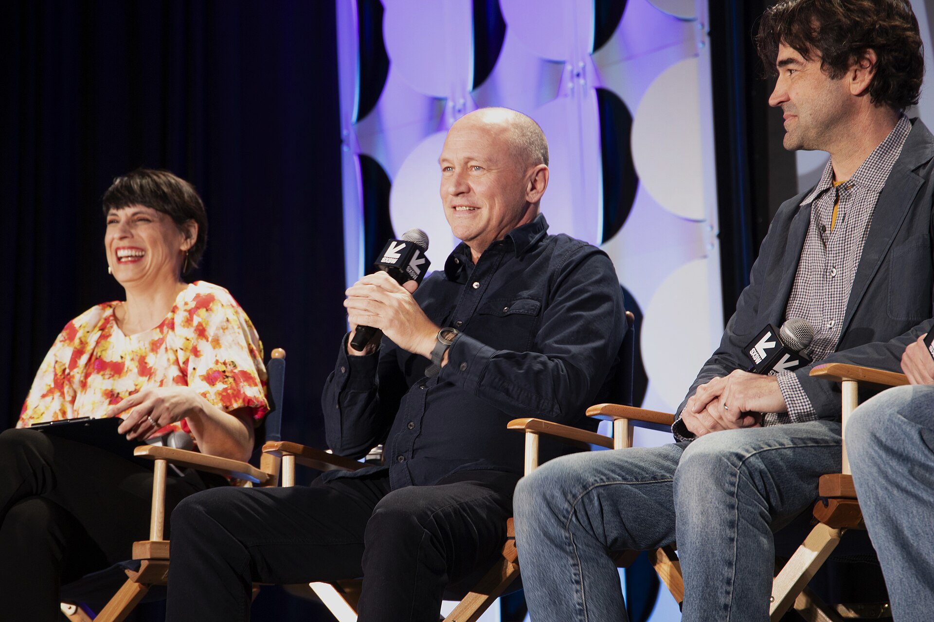 Actors Ron Livingston and Mike Judge with reporter Stacey Wilson Hunt at Office Space 25th Anniversary at South by Southwest 2024