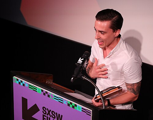 Anthony Saxe on stage at the SXSW 2024 Film Festival award ceremony that took place at the Paramount Theatre in Austin, Texas. Anthony Saxe's film, Dissolution, won the SXSW 2024 Narrative Short Competition Award.