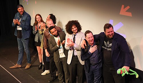 Cast and crew of Bob Trevino Likes It on stage at the SXSW 2024 Film Festival award ceremony that took place at the Paramount Theatre in Austin, Texas. The film, directed by Tracie Laymon, won the SXSW 2024 Narrative Feature Competition Award.