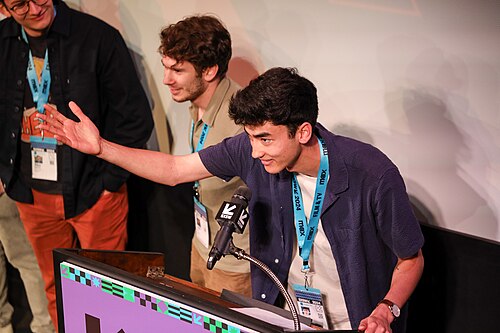 Brett Marrow, a writer for Marvin Is Sorry, on stage at the SXSW 2024 Film Festival award ceremony that took place at the Paramount Theatre in Austin, Texas. The pilot won the SXSW 2024 Independent TV Pilot Competition Award.