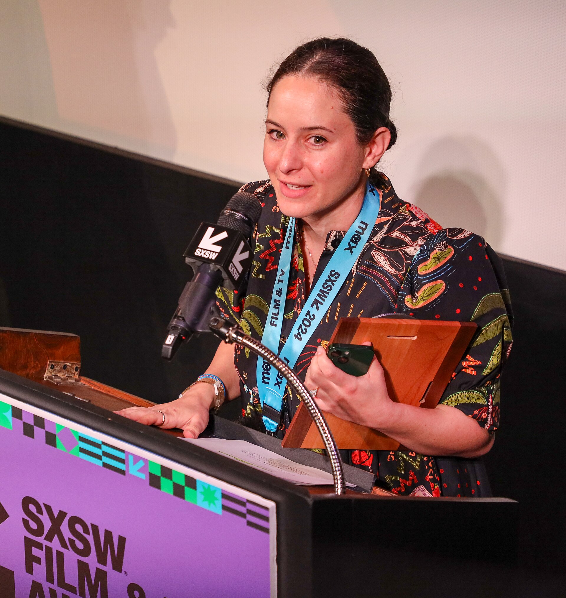 Sara Nimeh on stage at the SXSW 2024 Film Festival award ceremony that took place at the Paramount Theatre in Austin, Texas. Nimeh's film, Jedo's Dead, won the Texas Shorts Competition Award.