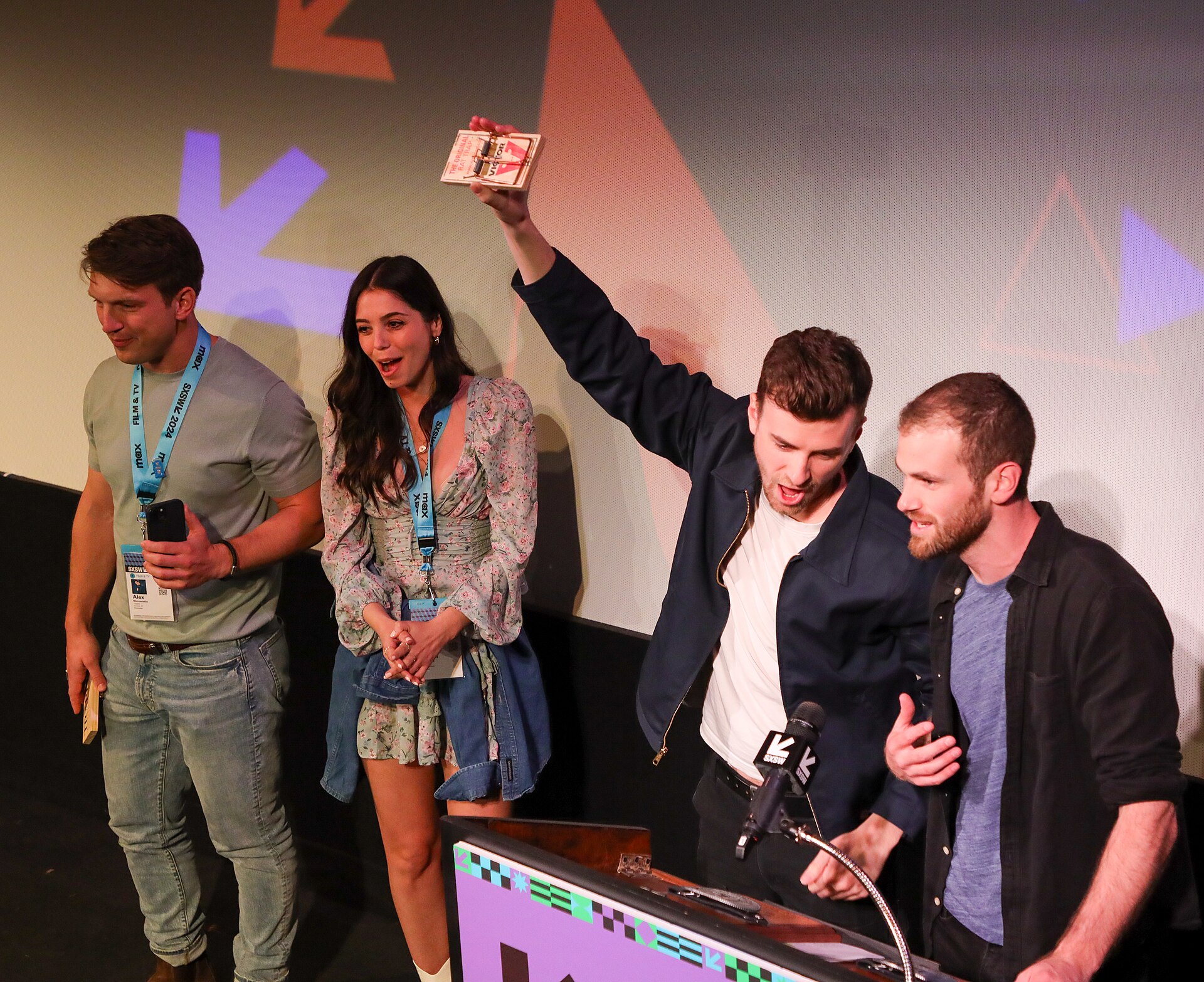 Cast and crew of Trapped on stage at the SXSW 2024 Film Festival award ceremony that took place at the Paramount Theatre in Austin, Texas. Sam Cutler-Kreutz and David Cutler-Kreutz won the SXSW 2024 Narrative Short Competition Special Jury Award for Trapped.
