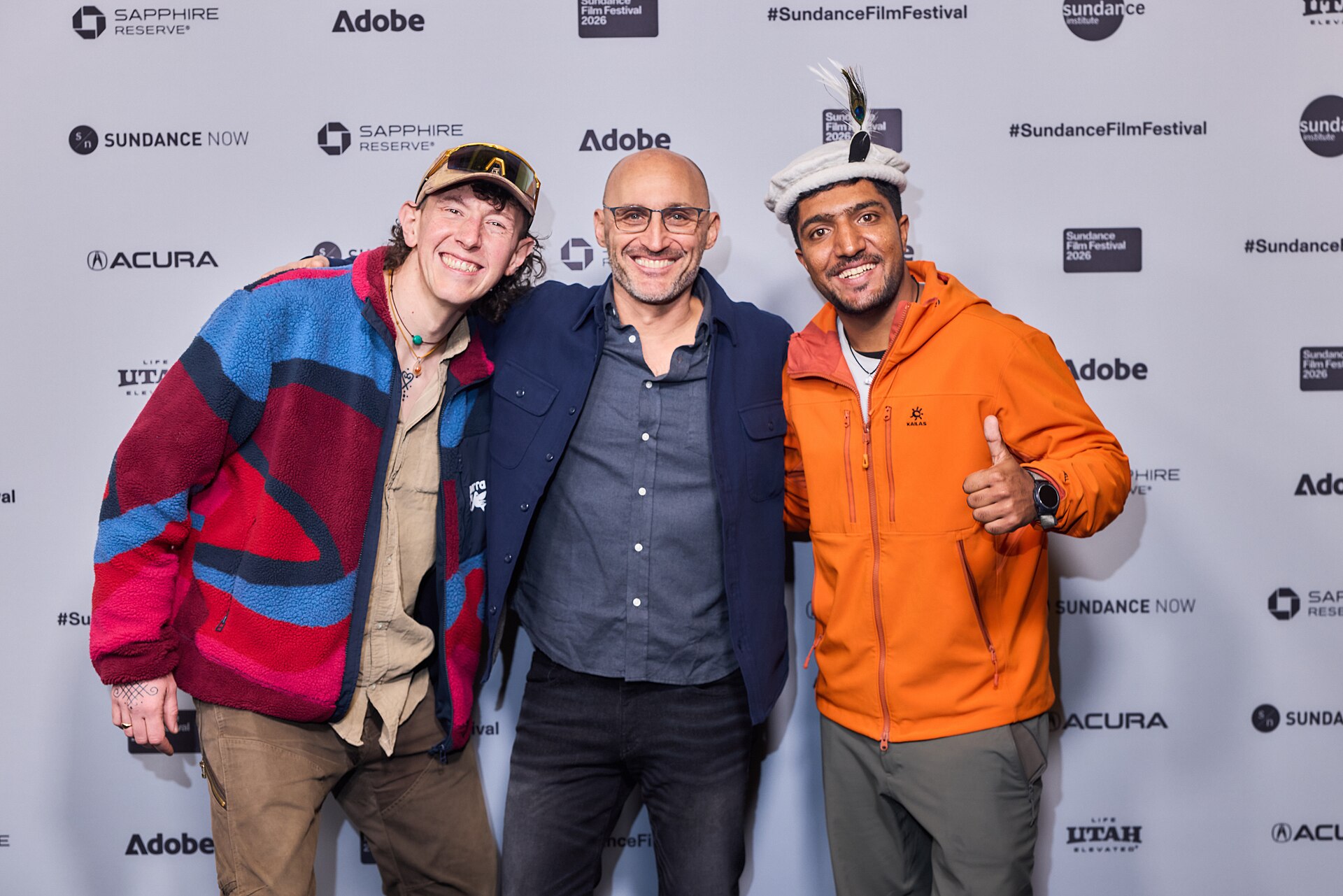 Sandro Gromen-Hayes, Amir Bar-Lev, and Sajid Sadpara at the 2026 Sundance Film Festival for The Last First - Winter K2
