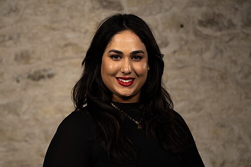 Sanjida Humayun, Manager of Automation and Technology, at the WikiPortraits studio at the 2025 SXSW Festival.
