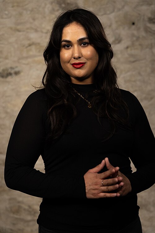 Sanjida Humayun, Manager of Automation and Technology, at the WikiPortraits studio at the 2025 SXSW Festival.