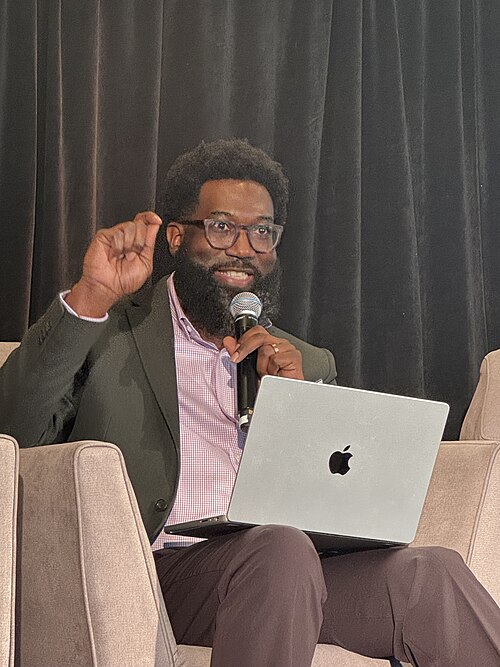 Shamichael Hallman, Director of Civic Health and Economic Opportunity at Urban Libraries Council, speaking at the 2025 Knight Media Forum in Miami, Florida in February 2025