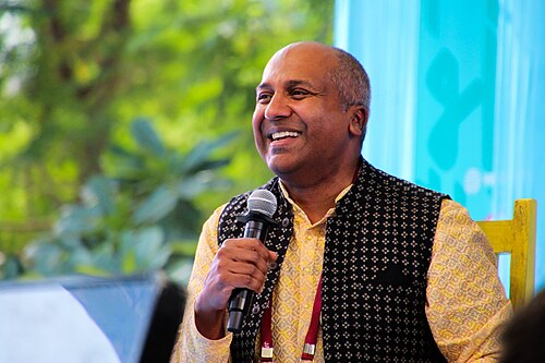 Sree Sreenivasan, academic and media practitioner, at the 2025 Jaipur Literature Festival in Jaipur, India.