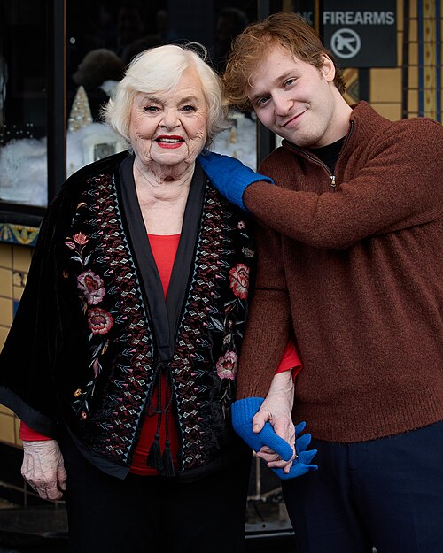 American actors June Squibb and Fred Hechinger entering the Egyptian Theatre in Park City for the premiere of the movie Thelma on January 19, 2024