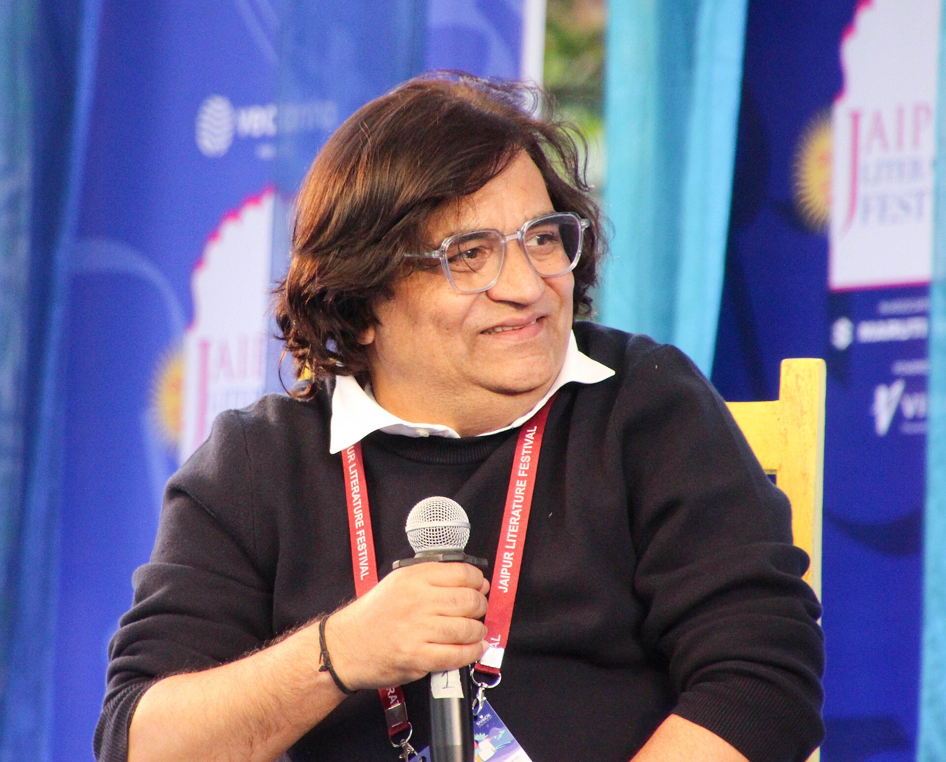 Swanand Kirkire, lyricist and playback singer, at the 2025 Jaipur Literature Festival in Jaipur, India.