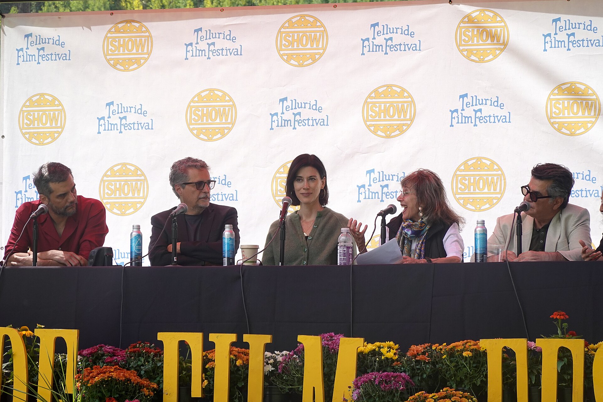 Film panel at the Telluride Film Festival 2025 Labor Day Monday Picnic. 
From left to right, Wagner Moura (THE SECRET AGENT), Kleber Mendonça Filho (THE SECRET AGENT), Cherien Dabis (ALL THAT'S LEFT OF YOU),  Annette Insdorf (moderator), Jafar Panahi (IT WAS JUST AN ACCIDENT).