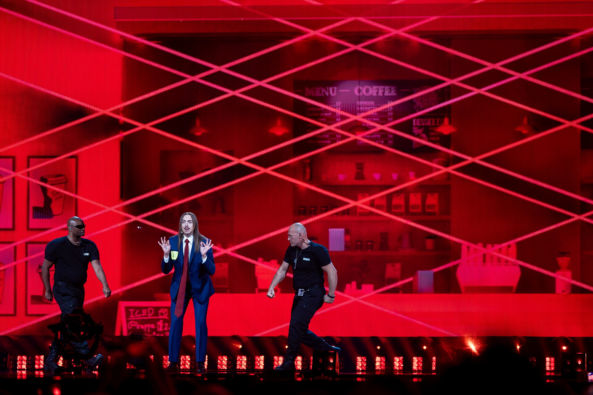 Tommy Cash, representing Estonia, performing at Eurovision 2025 in Basel, Switzerland.