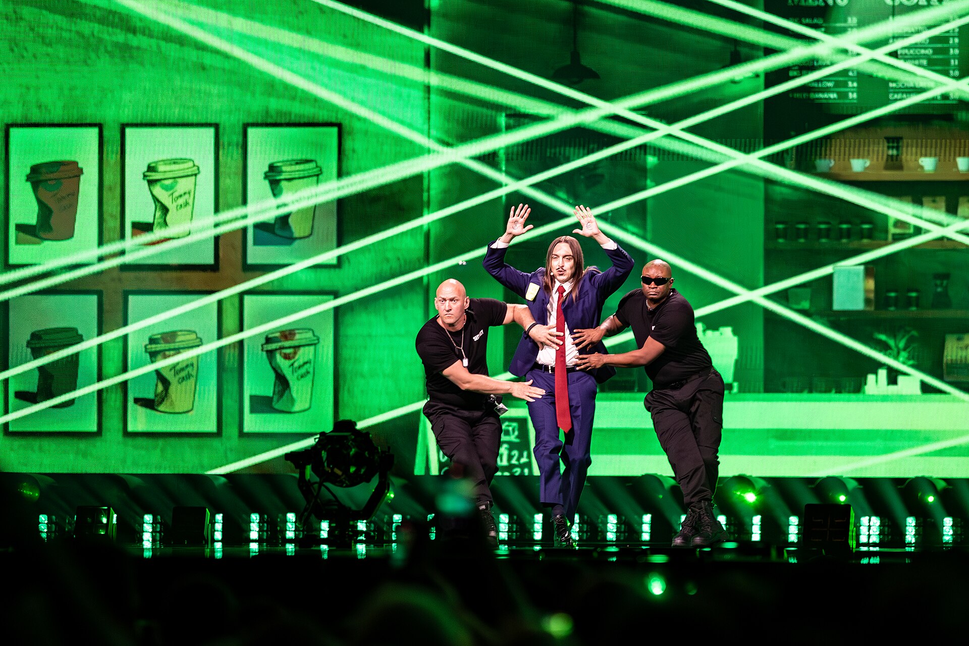 Tommy Cash, representing Estonia, performing at Eurovision 2025 in Basel, Switzerland.